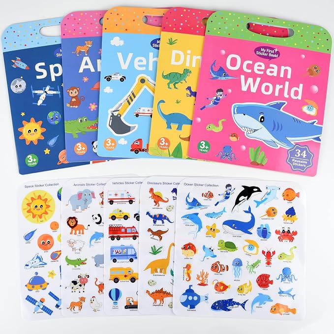 ASTARON 5 Pack Reusable 3D Puffy Sticker Books for Kids 3-6 | Jelly Sticker Game Educational Sensory Learning Toy, Travel Toys and Busy Book(Vehicle Dino Animal Ocean Space)