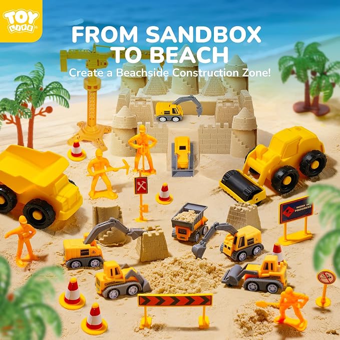 TOY Life 38-Piece Construction Sand Kit with Foldable Sandbox, Ages 3+ | 2.25 lb moldable material, 8 vehicles, crane, 6 molds, traffic signs, glow stones