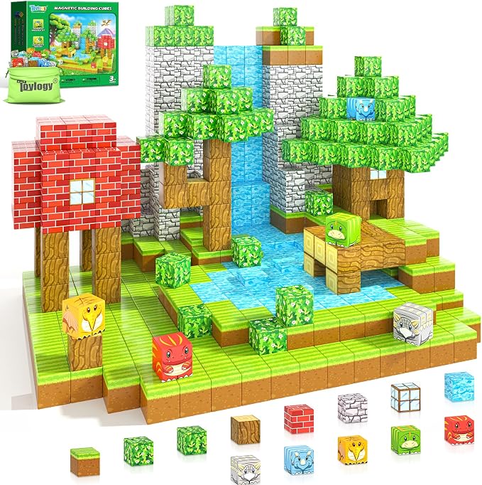 100PCS 1“ Magnetic Blocks - Build Mine Magnet World Forest Dinosaur Edition | Sensory STEM Building Toys for Kids Toddlers, Educational Construction Classroom Set, Birthday Gift for Boys Girls Ages 3-12