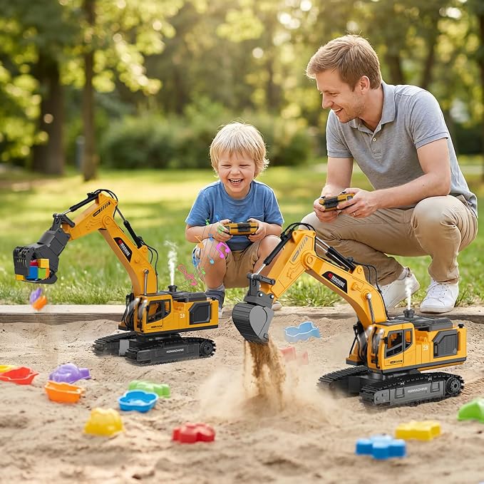 Remote Control Excavator Toy for Boys, 3-in-1 RC Excavator with Alloy Bucket, Breaker & Grapple, Construction Vehicle Toys with Lights & Sounds, 2×1200mAh Batteries, Birthday Gift for Kids 3-12
