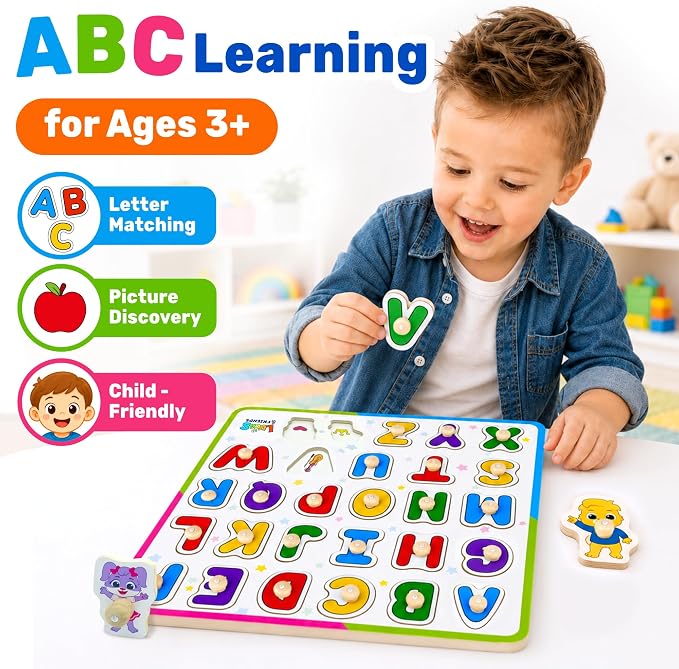 Lucas & Friends Wooden ABC Peg Puzzle for Toddlers, Alphabet Learning Toy | Montessori Learning Toys, Peg Puzzle Board for Preschool Kids, Educational Alphabets Puzzle, Ages 3+, Birthday Gift for Kids
