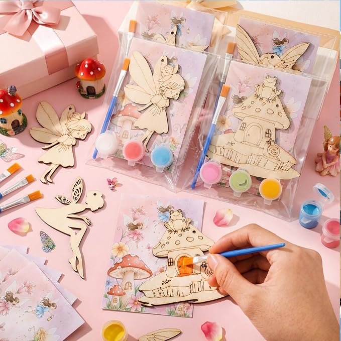 Saypacck 24 Pcs Fairy Birthday Party Favors Wooden Paint Craft Kits | Fairy Theme for Goodie Bags, Organza Bag Packaging, Kids Party Activity, Wooden Ornaments DIY