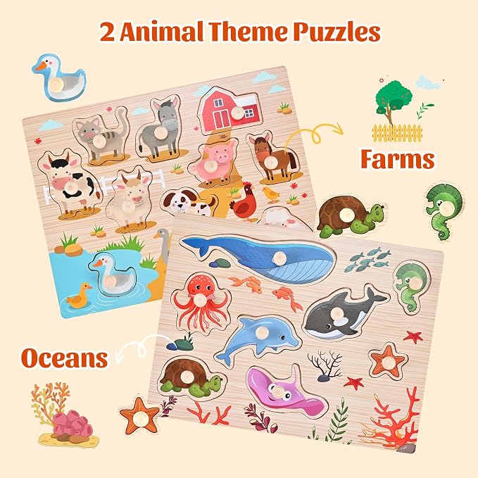 Wooden Peg Puzzles for Toddlers 1-3, 2 Pcs Montessori Puzzles, Upgraded Animal & Sea Themes Puzzles, Great Preschool Educational Learning Gifts for Girls and Boys