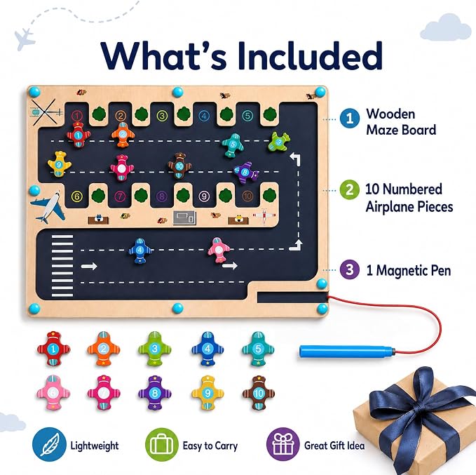 Magnetic Number Maze Toy for Toddlers Ages 3-5, Wooden Airport Parking Puzzle with Magnetic Pen, Montessori Counting & Number Matching Learning Toy, Fine Motor Skills Activity for Boys Girls 3 4 5