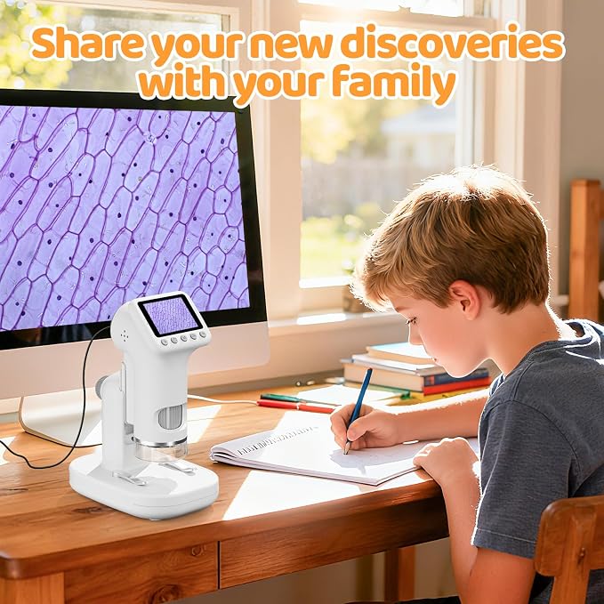 1600X Microscope for Kids, 2.0" Screen Kids Microscopes with Slides Kit Microscope for Toddlers Christmas Birthday Gifts Toys for 3-14 Year Old Children Students (White)