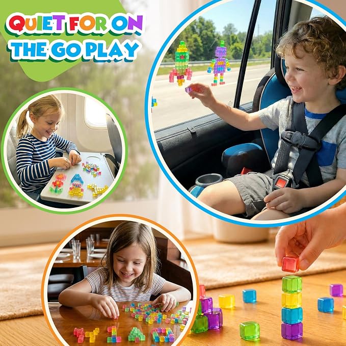 LESONG Mini Sticky Stacking Cubes for Kids: 150 PCS Washable Sensory Building Toy, Soft Squishy 0.39 inch Cubes with Storage Box, Balanced Stickiness for 2D & 3D Building, Translucent Travel Toy