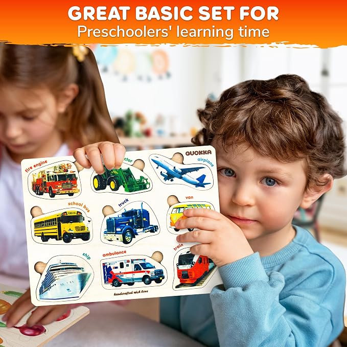 Wooden Puzzles for Toddlers 1-3 - 3 Montessori Kids Puzzles Ages 2-4 | Educational Realistic Wood Toddlers Puzzles ages 3-5 — Learning Fruits, Cars and Vegetables for Boy and Girl