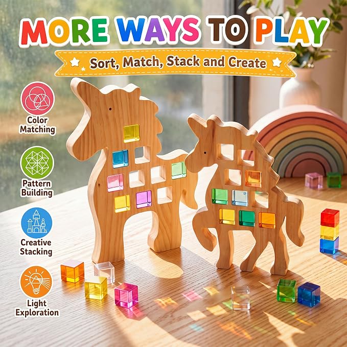 Soulchen Kids Wooden Building Block Set, 20 Rainbow Gem Cube Stacking Blocks - 2 Unicorn Skeletons, Montessori Toddler Stacking Toy, Learning Educational Toy Sensory Gift for Boys Girls