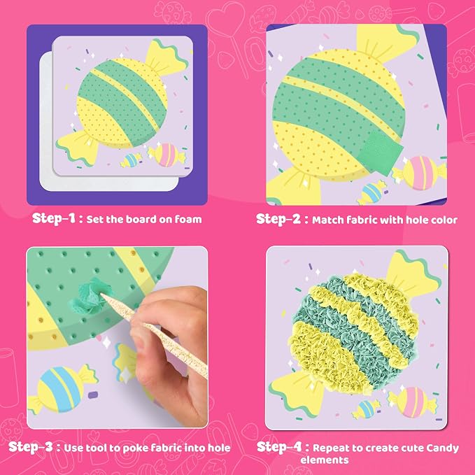 jackinthebox Poke Art Candyland Crafts Kits for Kids, Girls Gift, Ages 4-8 | 1400 fabric pieces, travel arts activities & birthday gifts, mess-free toddler, age 4 5 6 7 8 9 year old, flower pressing