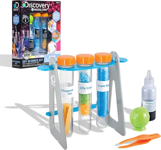 Discovery #MINDBLOWN 14-Piece Test Tubes DIY Science Kit with 3 Educational Experiments, Educational STEM Activity Set, Fun Learning Toy for Real Chemistry Experiments, Safe for Kids Ages 8+