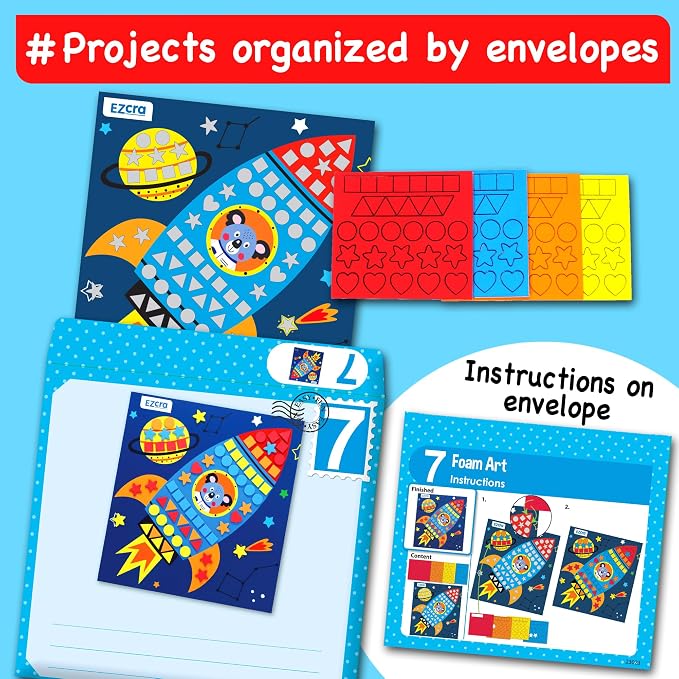 EZCRA Craft Box for Kids Ages 4-8 - 21-in-1 Arts and Crafts Kit | Mess-Free Activity Kit for Boys and Girls. 21 Craft Projects included. Birthday Gift for Kids.