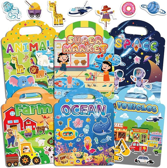 6 Pack Jelly Reusable Sticker Books for Toddlers | Toddler Toys,Birthday Gifts for Boys Girls,Airplane Travel & Road Trip Essentials Kids