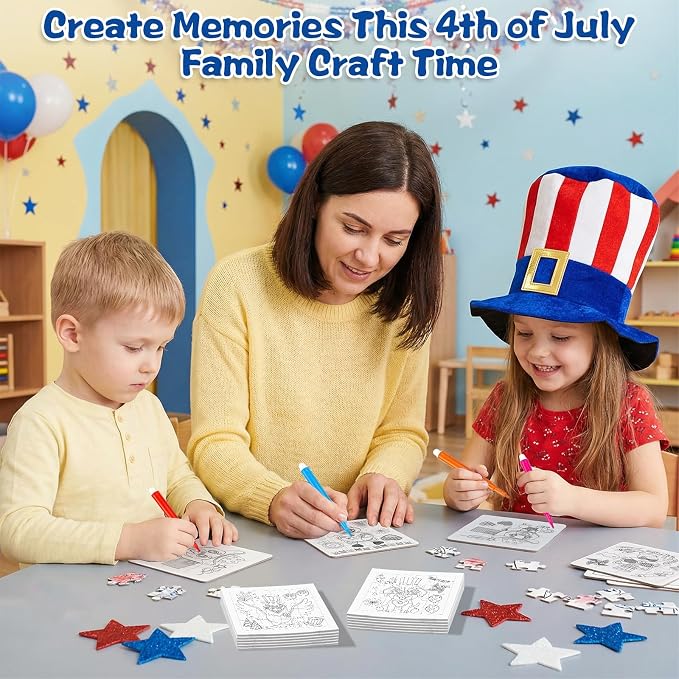 Fennoral 24 Pack DIY Coloring 4th of July Jigsaw Puzzle Craft Kit for Kids | Cute Animal Design, with Display Base, 4.7‑inch, DIY Coloring Art, Classroom Activity, Party Favor Supplies