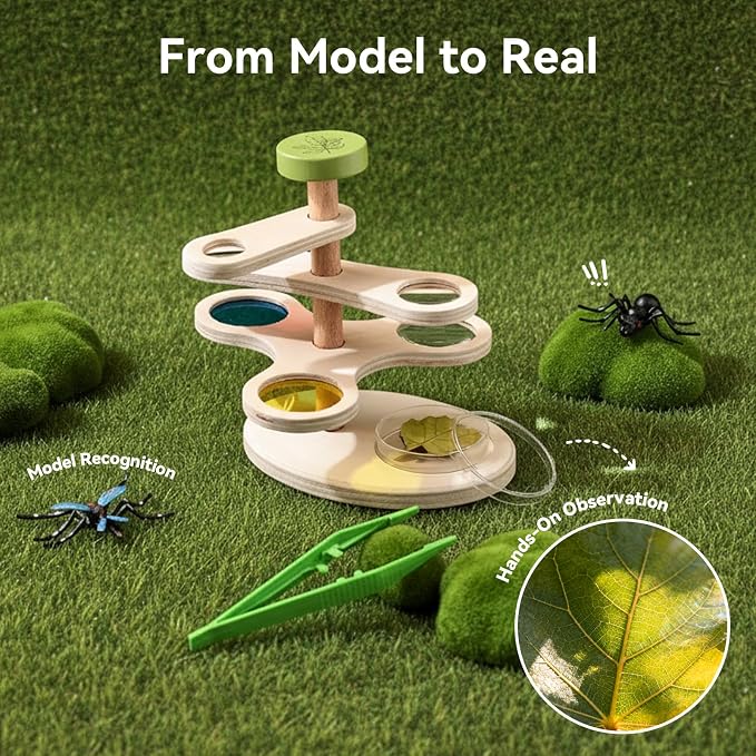 Insect Observation Kit for Kids, Multi-Magnification Rotating Viewer with Color Filters, Wooden STEM Nature Exploration Science Toy with Tweezers, Petri Dish and 6 Insect Models, Gift for Ages 4-8
