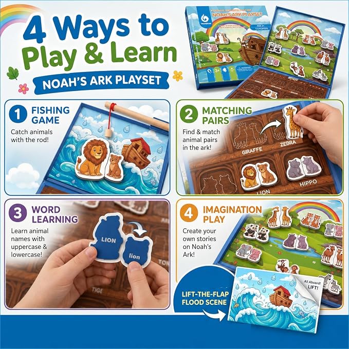 Travofun Magnetic 4-in-1 Animal Game | Travel Toys for Toddlers Ages 3-5 | 4-in-1 travel toy with magnetic fishing, animal matching, spelling, and story play in a colorful Noah's Ark picture scene.