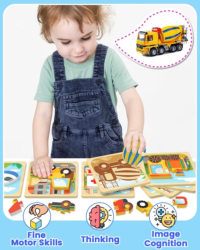 Benresive Wooden Toddler Puzzles, Toddler Toys, 1 2 Year Old Boy Girl Gift | 8 Pack Vehicle Montessori Toys for 1 2 Year Old, Preschool Educational Learning Toy, Great Birthday Gifts for Boys Girls