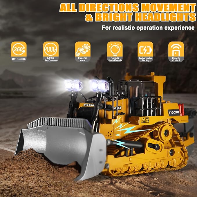 Remote Controlled Bulldozer, 9-Channel Metal RC Construction Vehicle Toy with Lights, Sound, and Rechargeable Battery, Remote Controlled Bulldozer Toy Gift for Kids Boys Girls Aged 4-12 (2.4 GHz)