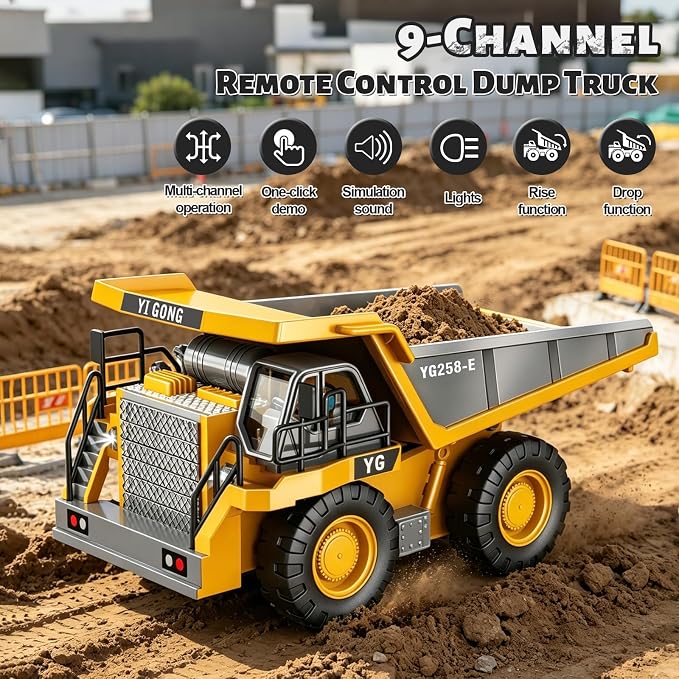 Remote Control Excavator (11-Channel), Dump Truck, Bulldozer, Loader (9-Channel), 2.4GHz Remote Control Construction Vehicles, Metal Construction, with Cool Lights and Sound Effects, 4-Pcs