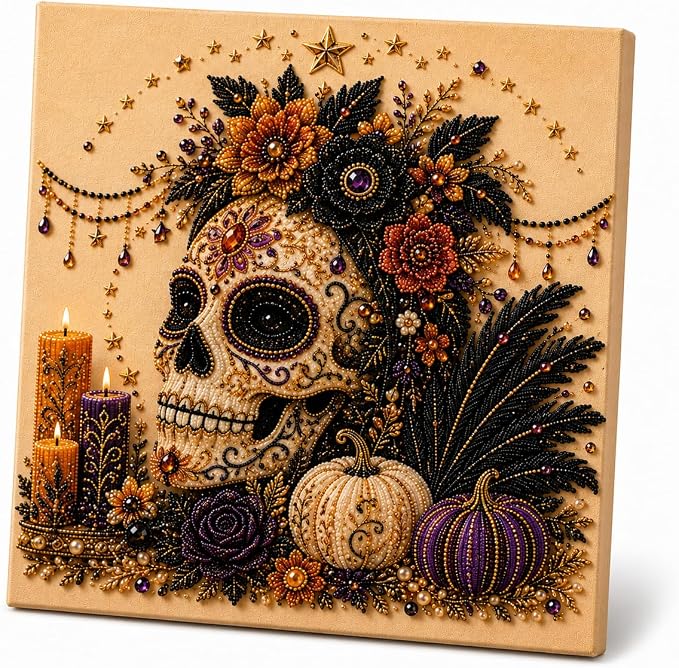 Halloween Pearl Art Kit for Adults, DIY Fall Craft (Skull) | Create textured Halloween decor through a screen-free, beginner-friendly craft activity.