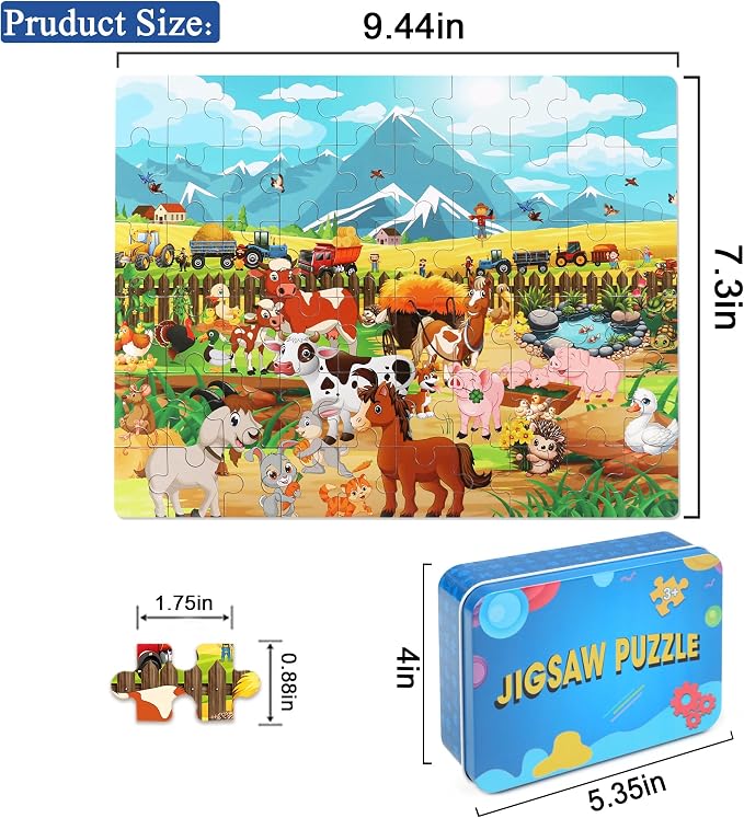 LELEMON Puzzles for Kids Ages 4-8 6-8 8-10 Farm Animals Jigsaw Puzzles Boys Girls Children Learning Educational Puzzles Portable Box Pack Toy 60 Pieces