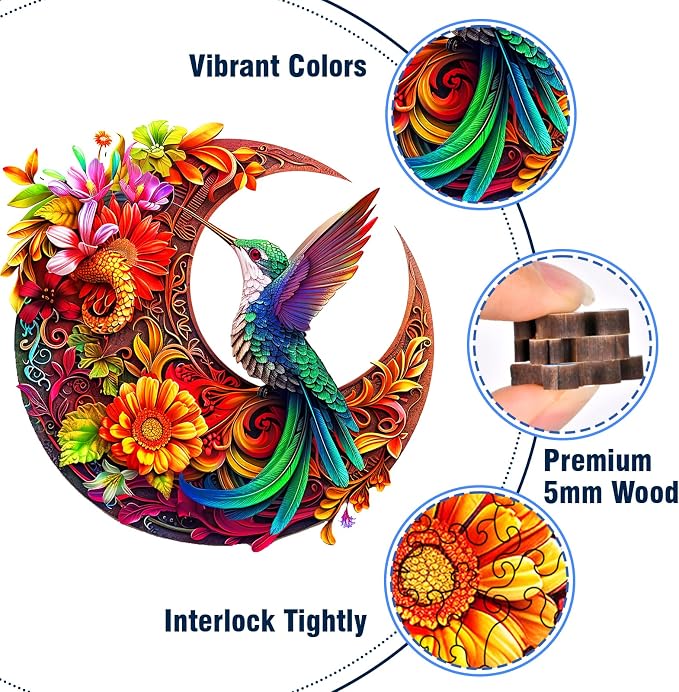Unique Wooden Puzzles for Adults, Hummingbird Puzzle 500 Pieces 16.9" x 16.9", Animal Shaped Wood Puzzles Adult, Wooden Jigsaw Puzzles for Adults, Family Games for Kids and Adults