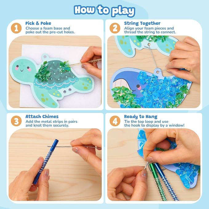 JoyCat Poke Art Wind Chime Craft Kit for Kids, 6 Ocean Figures | Poke colorful fabric into 6 ocean figures, then add chime pieces to create hanging room decor with gentle sound.