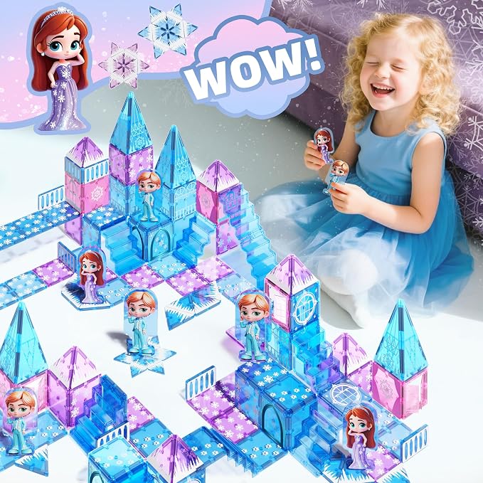 GobiDex Magnetic Building Blocks Princess Castle with 2 Dolls & Stairs | Princess Magnetic Tiles Building Toys for 3-8 Year Old Girls & Boys, 3 4 5 6 Year Old Girl Birthday Gifts, Creative STEM Toys