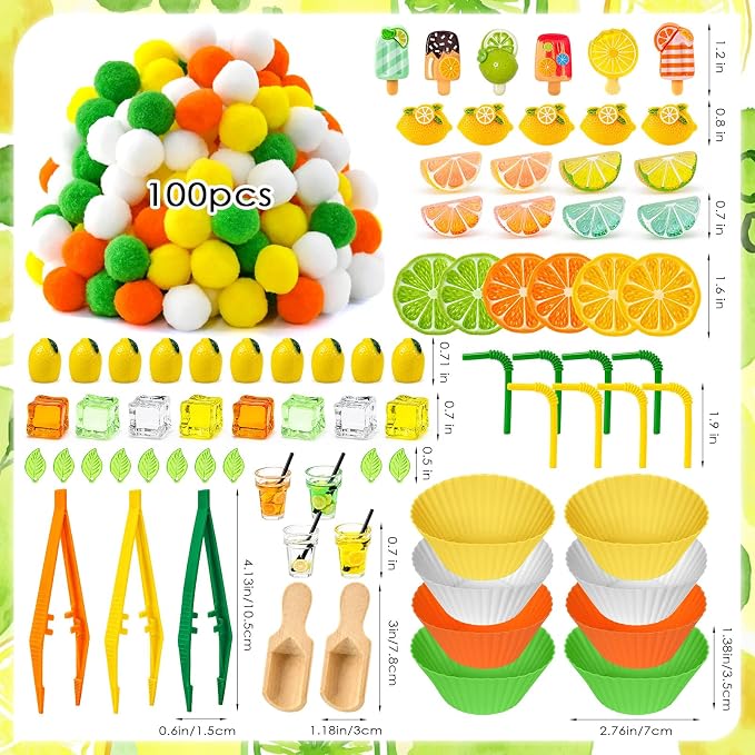 184 Pcs Lemon Sensory Bin Items Summer Lemonade Counting Sorting Lemon Sensory Bin Filler Fine Motor Ice Drinks Counts for Summer Counting Sorting