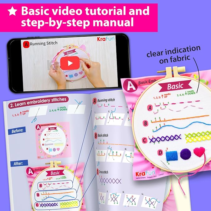 KRAFUN My First Embroidery Kit for Kids & Teens Age 8+ | 8 Projects | Beginner hand stitch set with hoop, tool box & DIY tote bag. Pre-printed cloths. Arts & crafts gift for girls