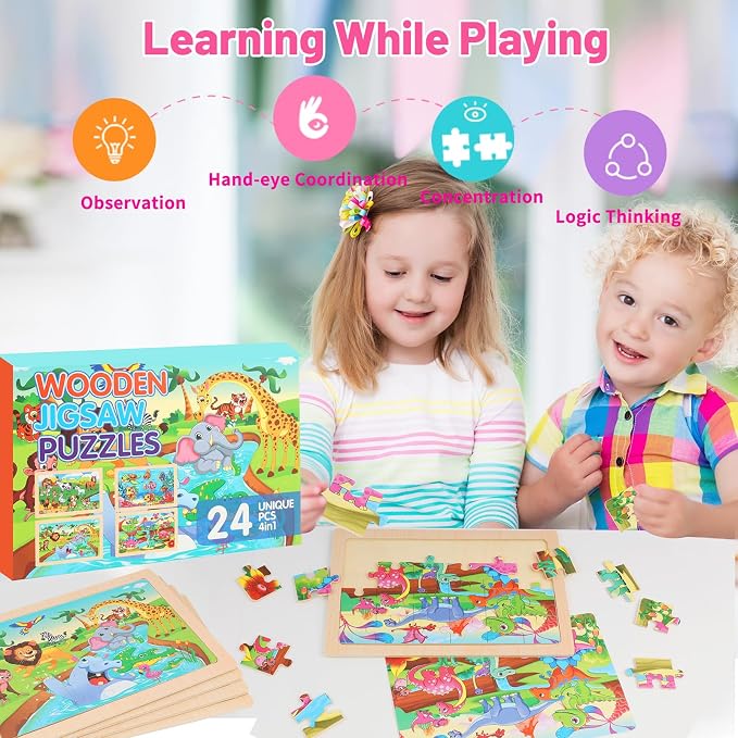 Puzzles for Kids Ages 4-6, 4-Pack 24-Piece Wooden Kids Puzzles | Animal, Dinosaur, Ocean & Farm Themes | Educational Puzzles for Kids Ages 3-5, Age-Appropriate Learning Toys, Ages 3+