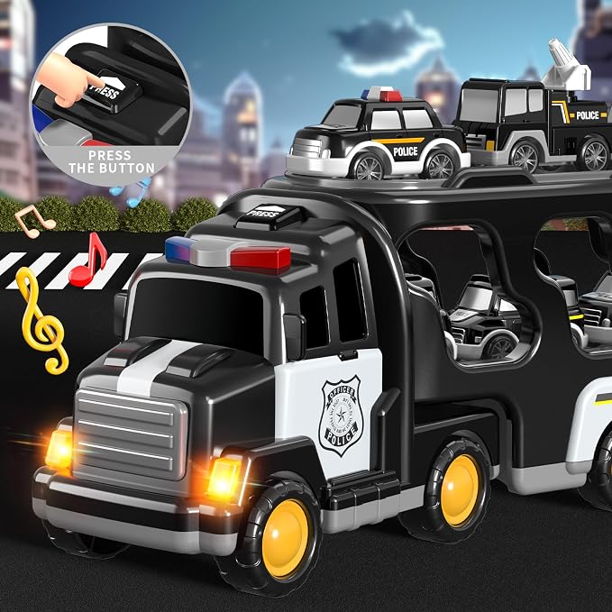 Beby Buty 7 in 1 Police Trucks Cars Toys for Toddlers 3-5, Boy Toddler Car Truck Toys with Light Sound, Birthday Gifts Toys for 3 4 5 6 Year Old Boy, Transport Carrier Truck for Toddlers 3-5 Years