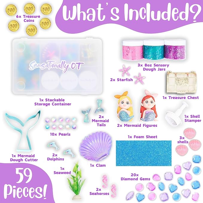 Mermaid Sensory Dough Kit (3 Jars) Non-Toxic Dough with Cutters, Stampers, Coins, Pearls, Seahorses, Starfish, Treasure Box - Perfect Creative Play and Gift for Kids & Toddlers