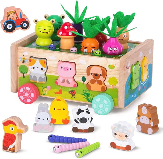KMTJT Montessori Wooden Toddler Toys for 1 2 3 Years Old Boys Girls Gifts | Shape Sorting Toys First Birthday Gifts for 1-2 Years, Wood Animal Farm Car Preschool Educational Fine Motor Skills Toy