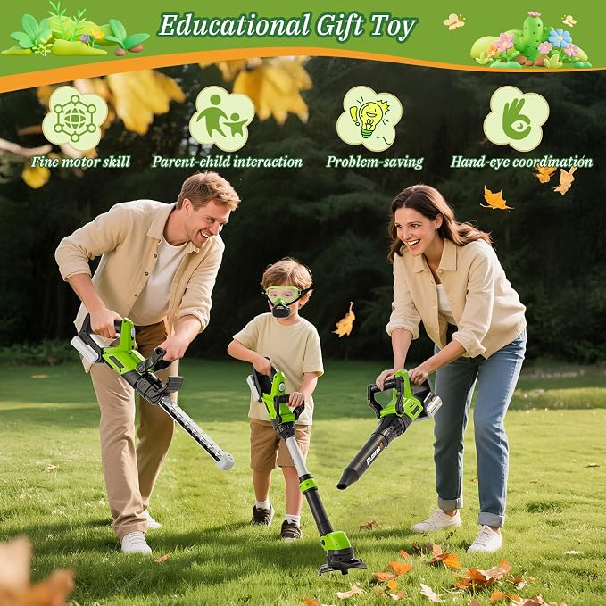 Kids Toy Tool Set, 3-IN-1 Power Garden Lawn Tools with Sounds & Lights, Volume, Toy Weed Wacker, Leaf Blower&Hedge Trimmer, Outdoor Play Toy Tools, Christmas Birthday Gifts for Boy Toys 3 4 5 6 7 8+