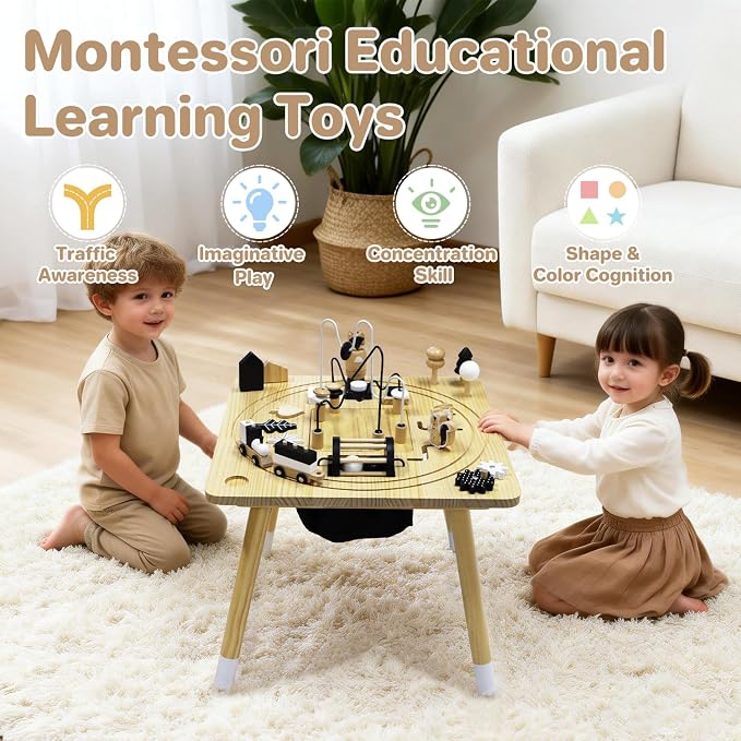 Wooden Montessori Activity Table for Toddlers 1-3, Kids Play Sensory Toy Table, Activity Center with Bead Maze, Shape Sorter, Train Track, Educational Learning Toys for Girls Boys