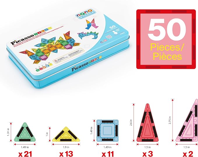 PicassoTiles Nano Magnetic Tiles Travel Set with Storage Tin, Kids Ages 3+ | 39 colorful triangles, 11 squares, lid doubles as a play board, STEM learning, portable screen-free fun, expandable builds