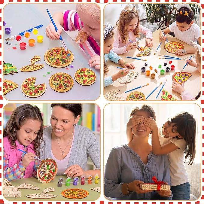 Saypacck 24 Pcs Party Favors Wooden Painting Craft Kits Birthday Party Supplies with Organza Bag for Goodie Bags Fillers Adult Thank You Gifts(Pizza)
