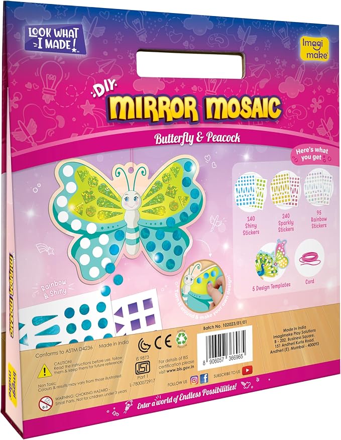 Imagimake Mirror Mosaic - Butterfly & Peacock, 5 Templates, 450+ Stickers | Mess-Free Craft Activity, Screen-Free Creative Art Kit for Kids, Birthday Gift for Boys & Girls Ages 3,4,5,6,7 Years Old