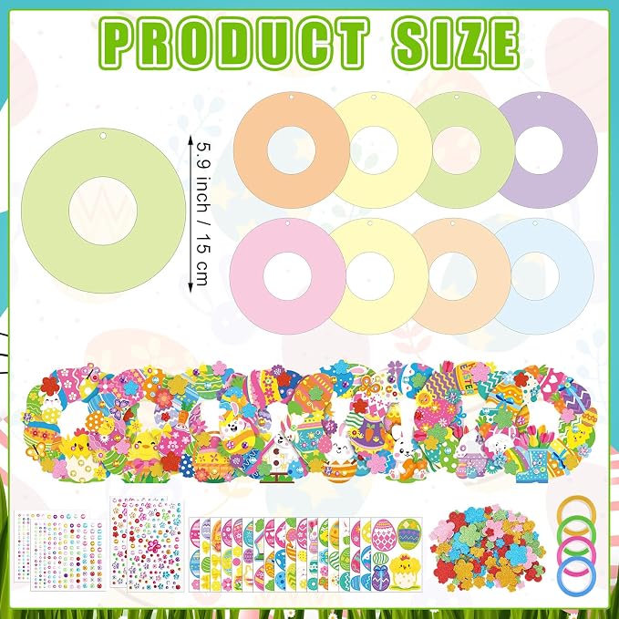 Hollowfly 48 Sets Easter Wreath Craft Kits, 8 Paper Designs with Stickers | Chick, Egg and Floral Themes, 5.9 in Hanging Ornaments, Sticker Crafts for Home Activities and Easter Parties