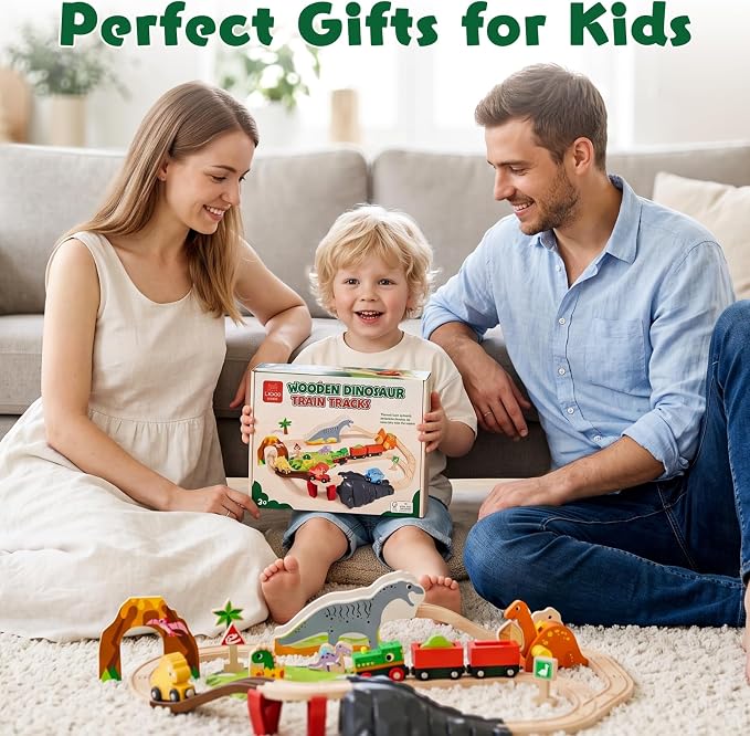 Lehoo Castle Dinosaur Wooden Train Set for Kids Ages 3-7 | Wooden Train Track Set with Dinosaur Crane, Compatible with Most Wooden Tracks, Birthday Gift for Boys and Girls