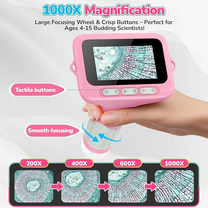 Kids Digital Microscope with 3-Inch Screen: STEM Toy Science Gift Ages 4-12 | 32GB Card, 1000X Zoom, Rechargeable, Photo/Video, Connect to PC, 8 LEDs, 6 Brightness Levels, One-Touch Capture