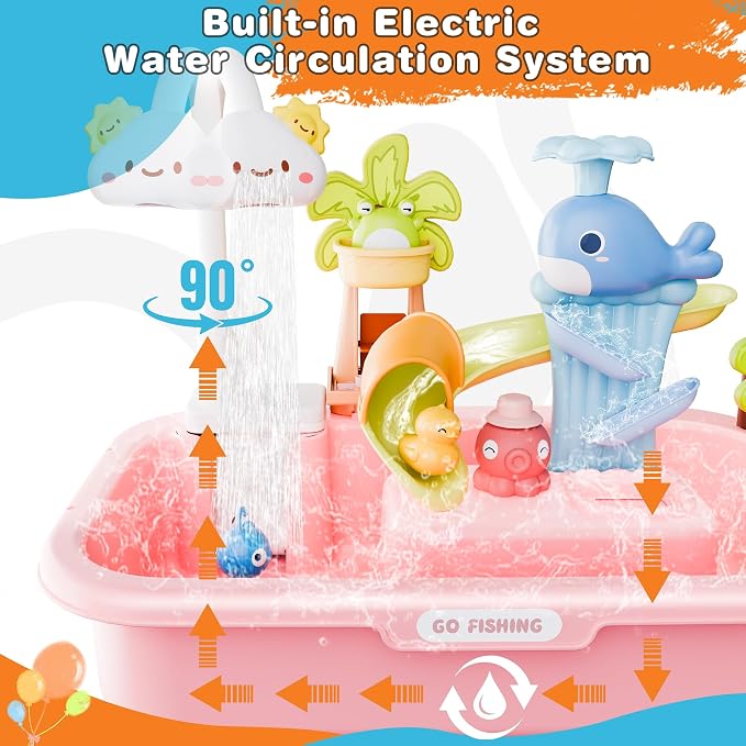 Toddler Water Table for 1-3 Year Old - Upgraded Electric Pump Water Toys, Outdoor Sensory Play Sand & Water Table, Kitchen Sink Toy with Running Water & Fishing Game, Summer Gifts for Boys Girls(Pink)