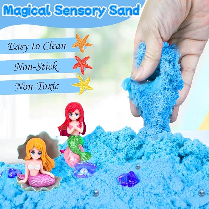 Sensory Bins for Toddlers,Sensory Sandbox Toys Play Sand Art Kit for Kids | Mermaid Play Sand Art Kit Set with Sandbox & Tools, Indoor Outdoor Beach Toys for Boys and Girls Christmas Birthday Gift