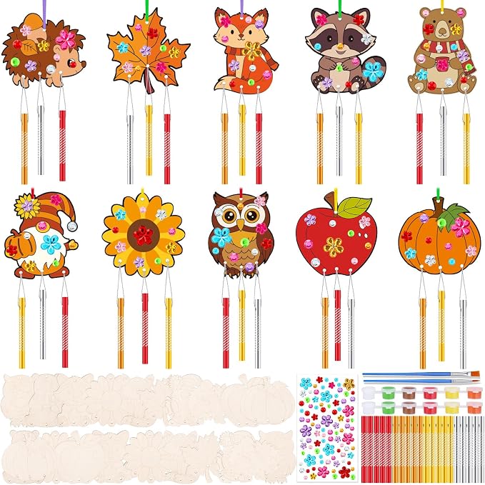 JellyArch 30 Pack Wind Chime Craft Kit, Wooden DIY Fall Animal Painting | 10 Designs Owl Fox Pumpkin Leaf Apple, Bulk Party Favors for Kids Adults, Includes Stickers Wood Sticks for Thanksgiving