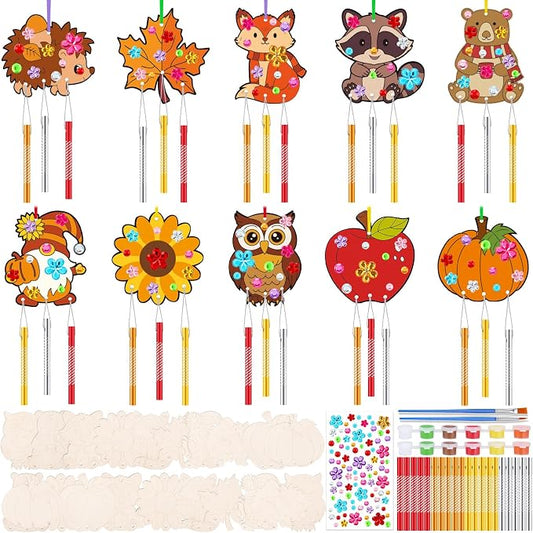 JellyArch 30 Pack Wind Chime Craft Kit, Wooden DIY Fall Animal Painting | 10 Designs Owl Fox Pumpkin Leaf Apple, Bulk Party Favors for Kids Adults, Includes Stickers Wood Sticks for Thanksgiving