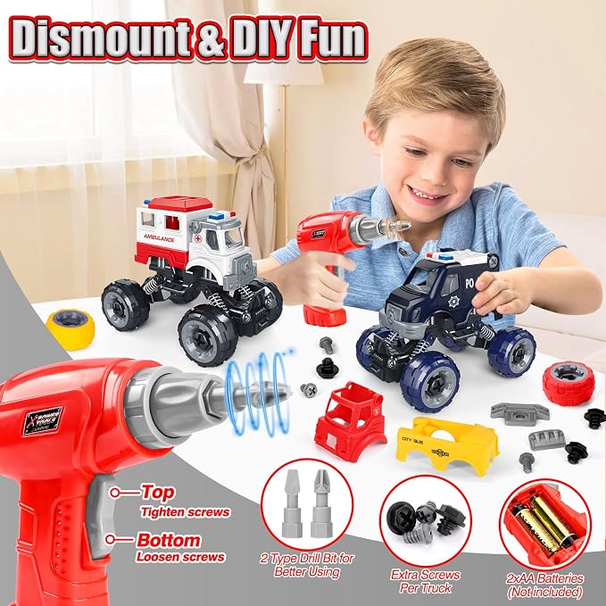 LUDILO Take Apart Toys for 6 Year Old Boy Gifts Kids Boy Toys Age 4-6-8 | 4PCS City Bus Ambulance Police Car Toy Fire Truck/Stem Assembly Electric Drill/Bday Gifts Toys for 3 4 5 6 7 Year Old Boys