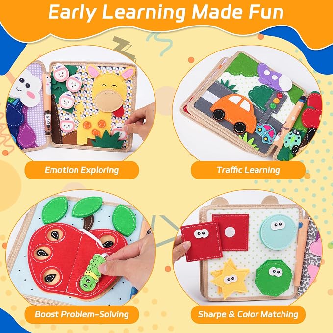Giraffe Busy Book for Toddlers 1-3, Montessori Toys Toddler Busy Board for 1 Year Old, Felt Quiet Book Sensory Learning Activity Books, Airplane Car Travel Toys, Gifts for Boys Girls 1+