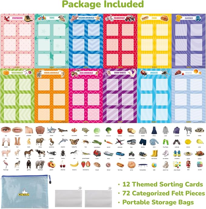 CHEFAN Sorting Toy for Toddlers 3-5, 72 PCS Preschool Learning Activities with 12 Themes, Fine Motor Skills Matching Game, Montessori Categorizing Educational Toy for Speech Therapy Autism Learning