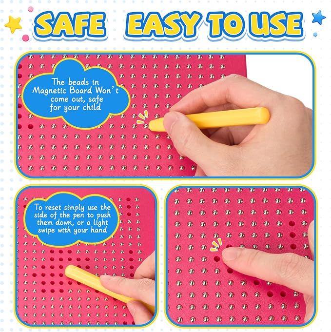 Yexiya 3 Pcs Magnetic Drawing Board for Kids, Toddler Travel Drawing Kit Magnet Sketch Thread Board with Stylus Pen and Beads Toy for Child Quiet Time Activities (7 x 8.5 Inches,Rose Red)
