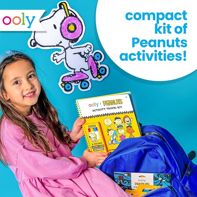 Ooly Peanuts Officially Licensed Coloring Travel Kit, 60-Page Activity Book | Ages 6+, Featuring Snoopy & Charlie Brown, Includes 4 Double-Ended Markers, 2 Sticker Sheets, Puzzles & Games, Gift for Kids